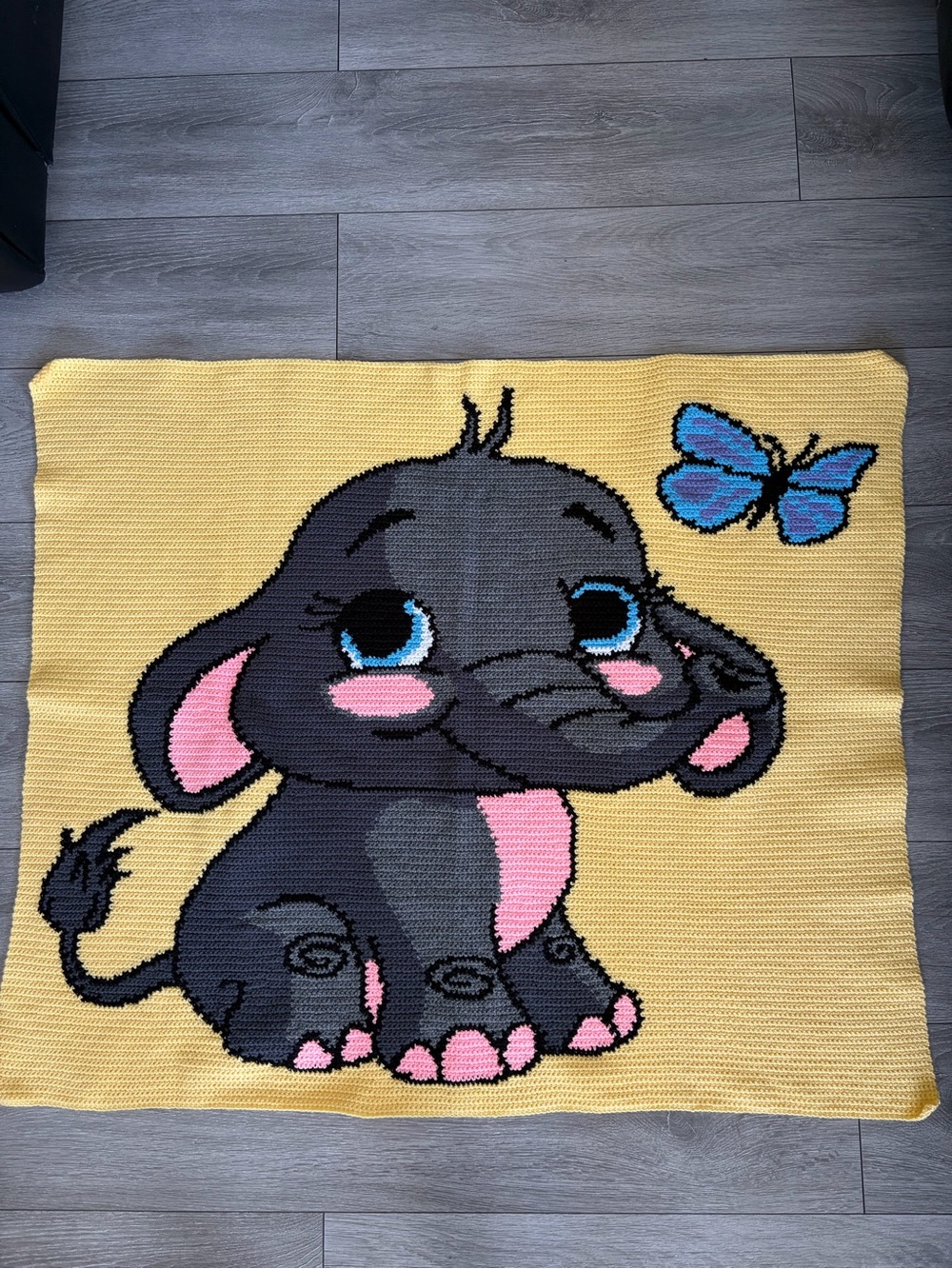 Kids Yellow Elephant Knit Blanket with Blue Butterfly